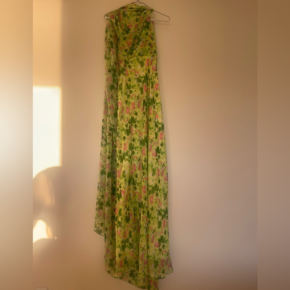 SALONI Claudia Cape Dress in Poppies Lime